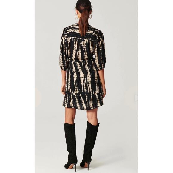ba&sh Kenya Tie Dye Dress Size Large (3) Black Noir & Beige Metallic 3/4 Sleeves - Picture 5 of 13